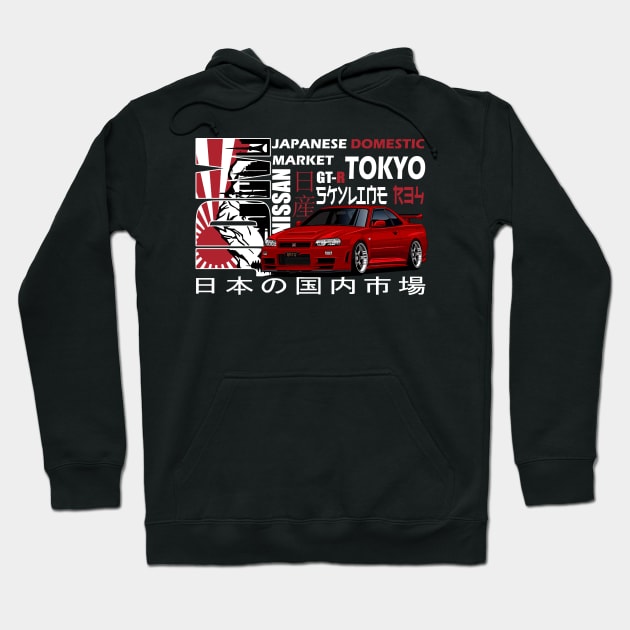 Nissan Skyline GTR r34 Red, JDM Car Hoodie by T-JD